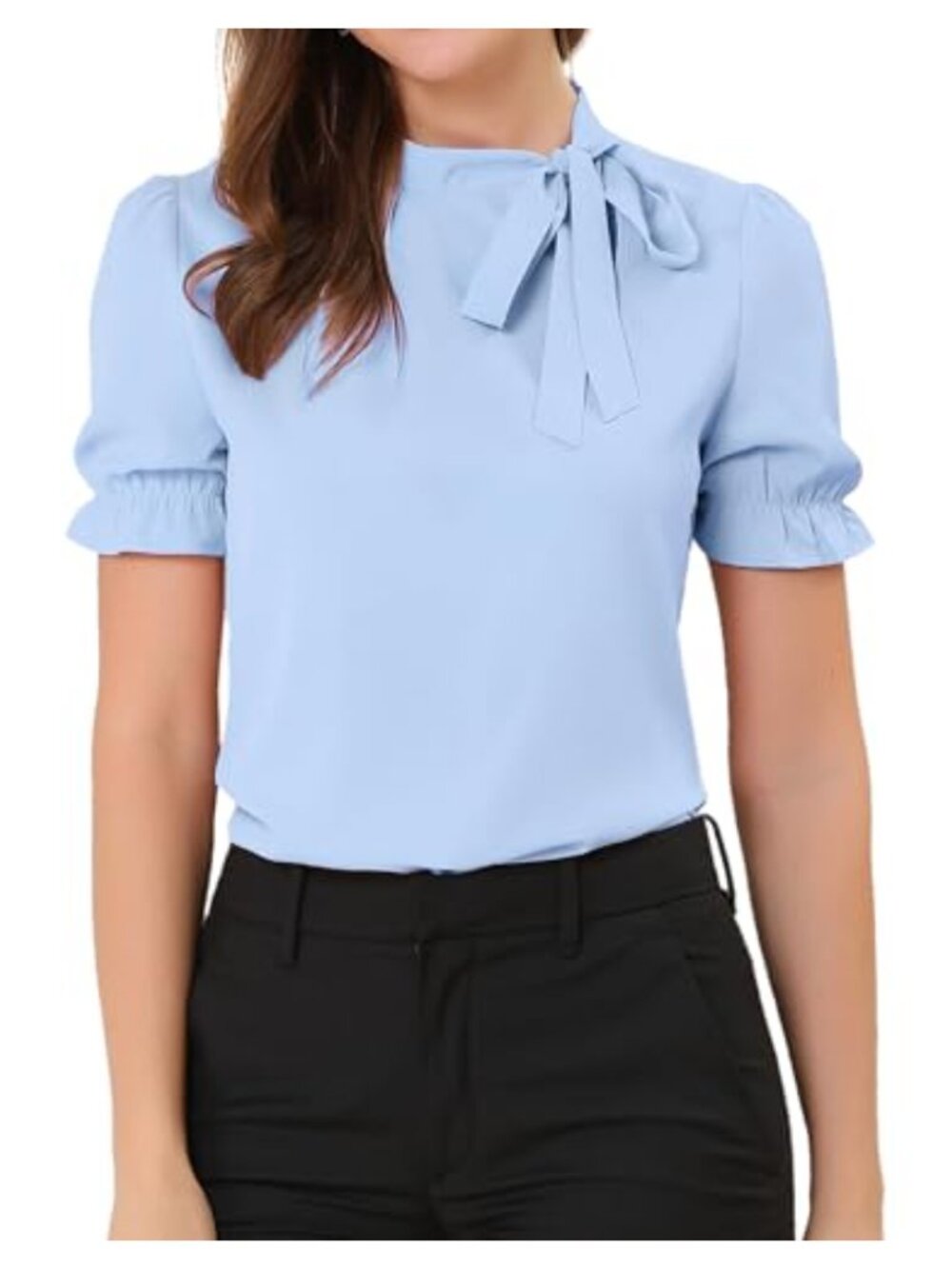 Elegant Bow Tie Blouse with Puff Sleeves, Relaxed Fit